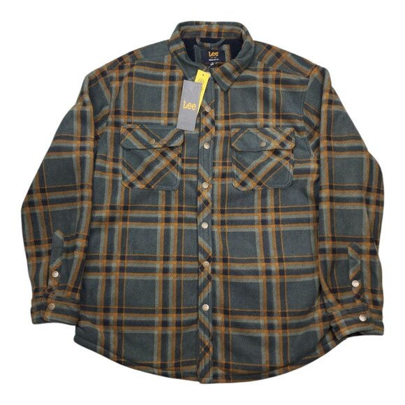 Lee Men XL Plaid Fleece Shirt Jacket Shacket Sherpa Lining Regular Dark Olive - Picture 14 of 14